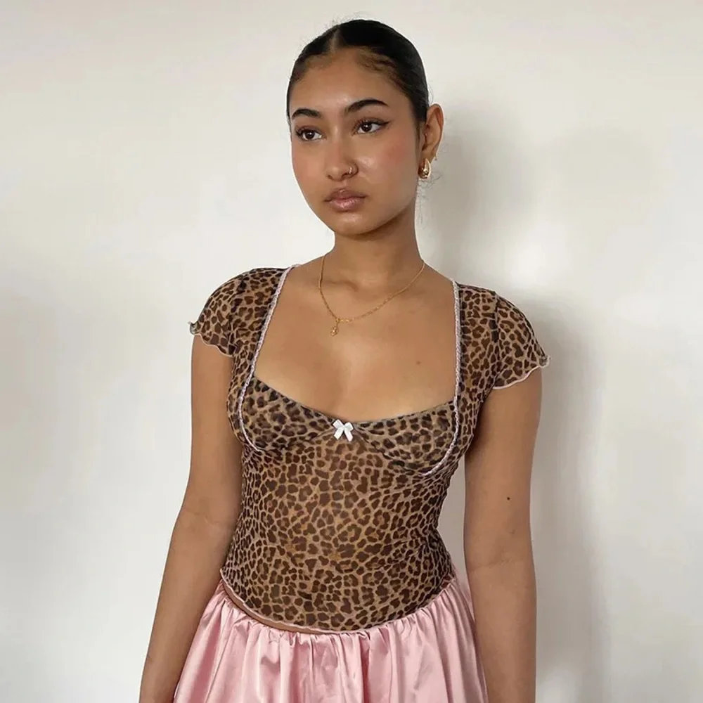 Sexy Leopard Print Lettuce Crop Top Semi-Sheer Hot Trim Tulle Tee Elegant Bow - Picture 3 of 6